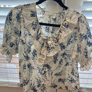 THE GREAT. Blue and Cream Floral Blouse